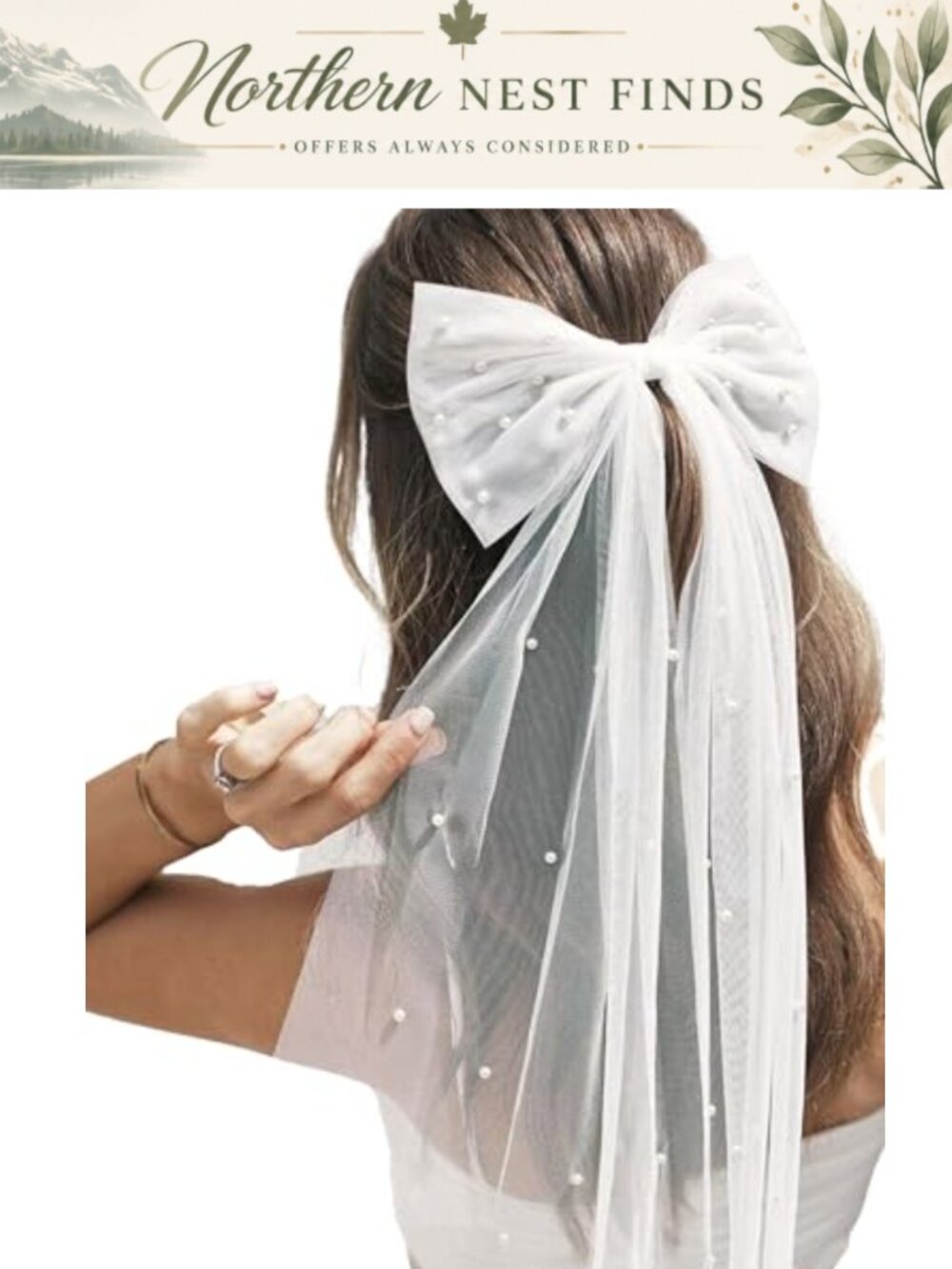 Tulle Bow Veil Hair Clip Pearl Embellished Bridal Bachelorette Accessory